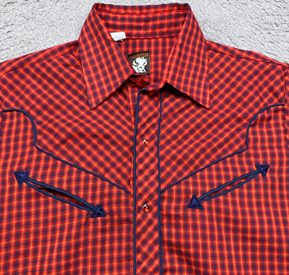 Vintage Karman Western Shirt Mens Medium Plaid Long Sleeve X-Long Tail Yolk USA